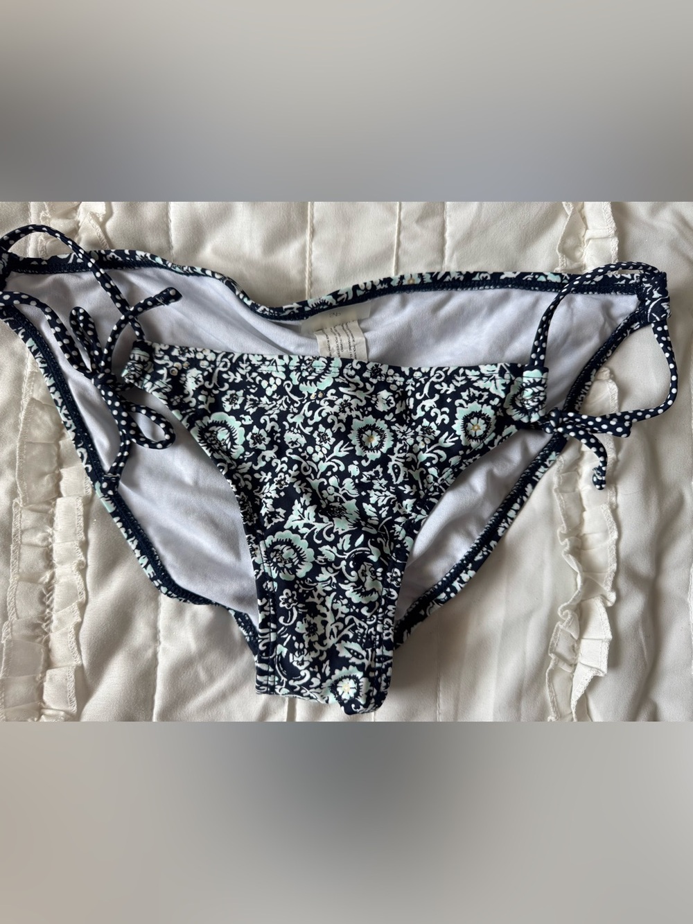 Navy-Black, white, and Mint green Floral Bikini Bottoms polka dotted side ties S